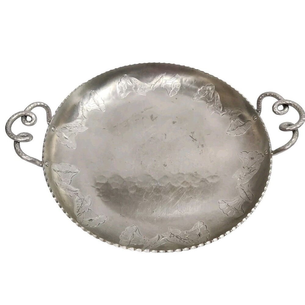Vintage Large Hammered Wrought  Faberware BKLYN Serving Tray Twist Handle Orchid
